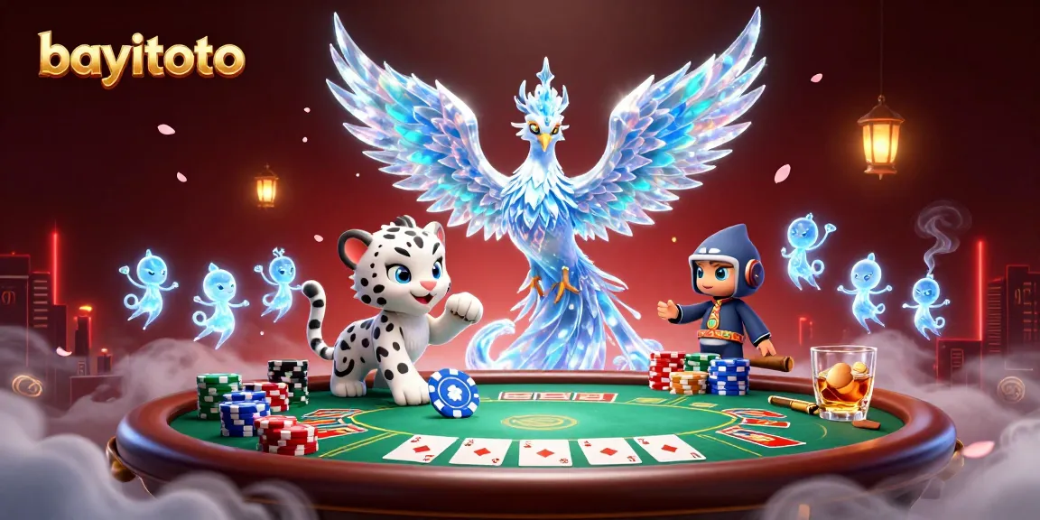 Engage with bayitoto's vibrant casino world featuring a magical phoenix playing poker.