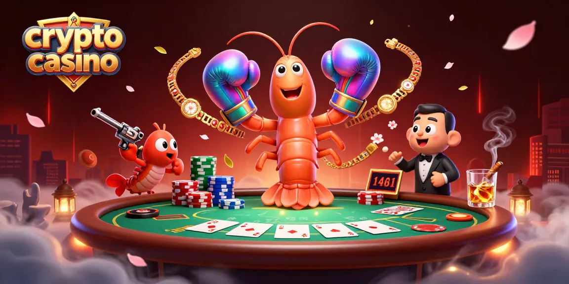 Experience excitement at a crypto casino with vibrant poker action involving a mantis shrimp and friends.