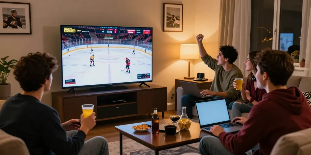 Exciting sports betting scene depicting friends enjoying a live hockey game, engaging with Statymu Zona on their devices.