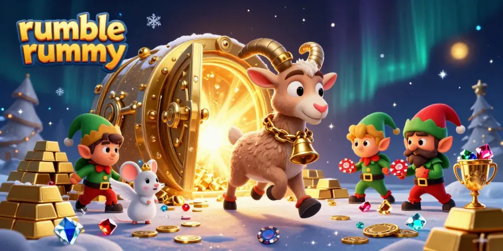 Rumble Rummy scene showcasing festive characters and casino elements amidst treasure and excitement.