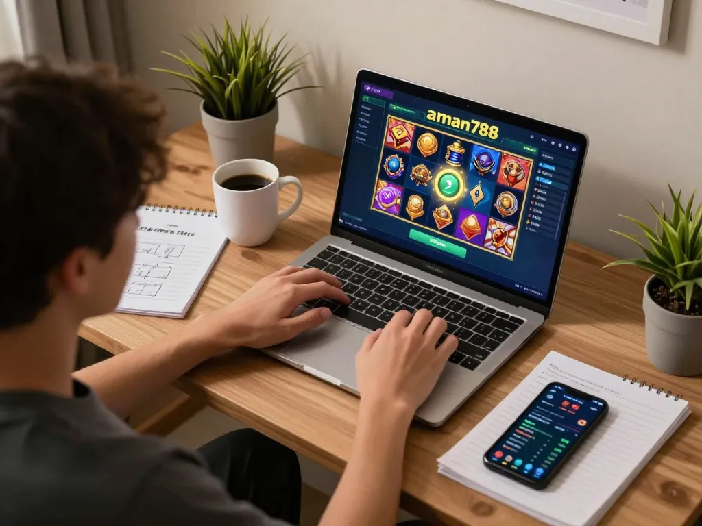 Seorang pemain menikmati aman788 slot gacor di laptop mereka, menampilkan grafik yang warna-warni dan permainan strategis