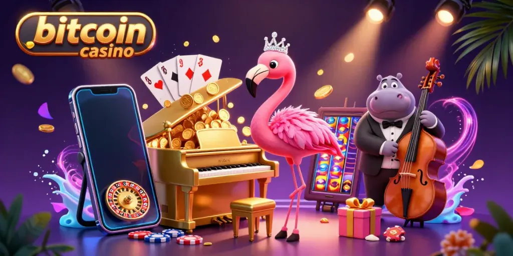 Play exciting games at the bitcoin casino with vibrant characters and colorful slot displays.