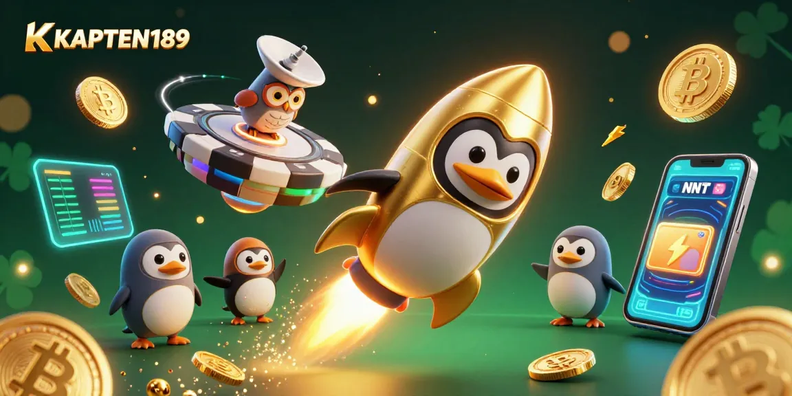 KAPTEN189 adalah titik fokus dari gambar di mana penguin emas bertenaga roket meluncur menuju stasiun kasino.