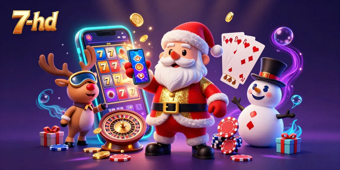 Experience the excitement of 7-hd casino gaming with Santa, his reindeer, and a snowman in a vibrant 3D scene.