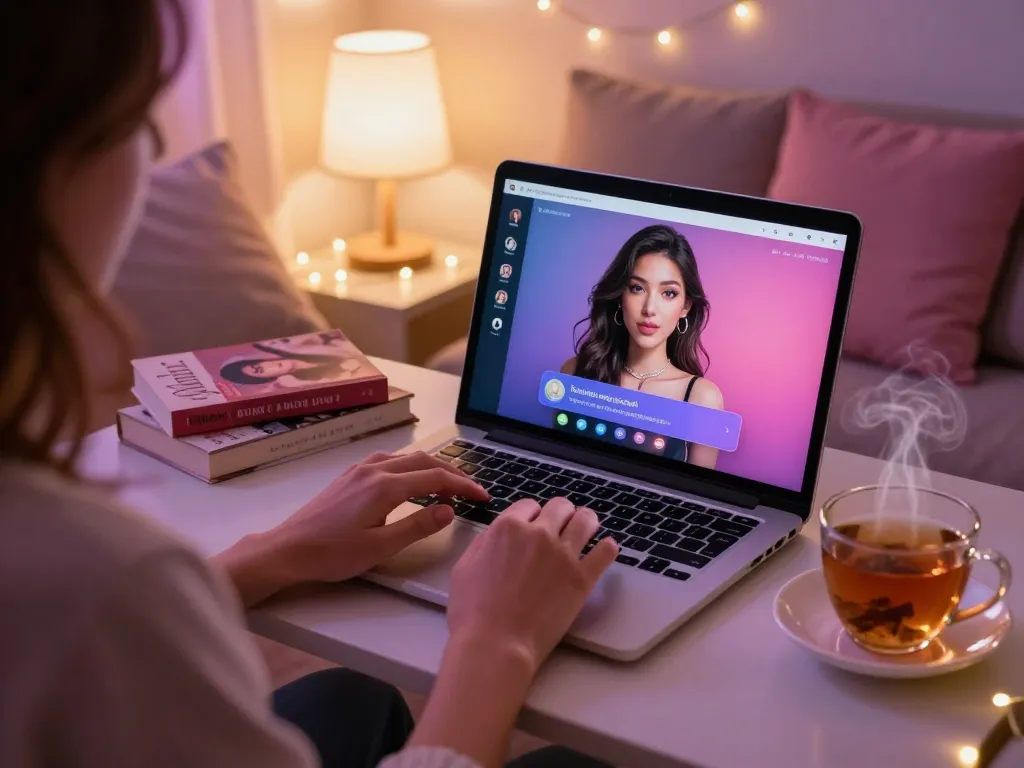 Cozy virtual chat setting highlighting free ai sex chat engagement with a lifelike AI character.