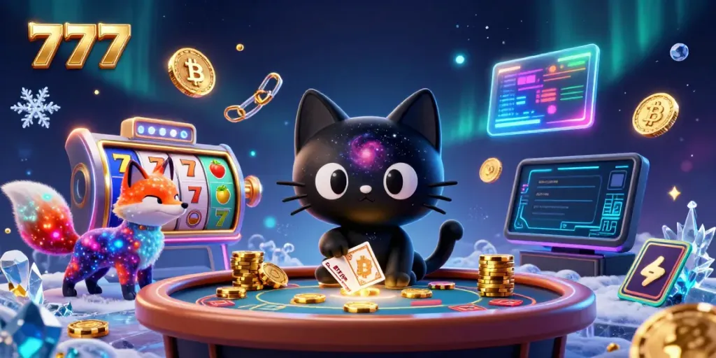 Menggulung chip emas dan kartu di meja kasino, kucing hitam galaksi mencolok dengan nomor 777.