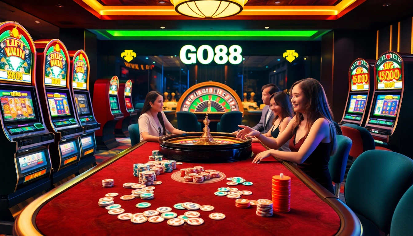 Experience the thrill of GO88 gaming at a vibrant casino table filled with chips and cards.