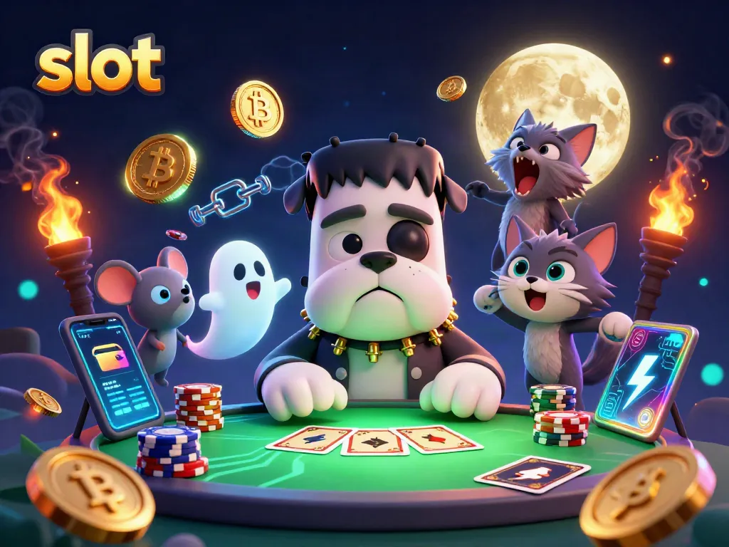 Memainkan slot dengan penuh semangat di meja hijau menerangi, menampilkan slot dan chip.