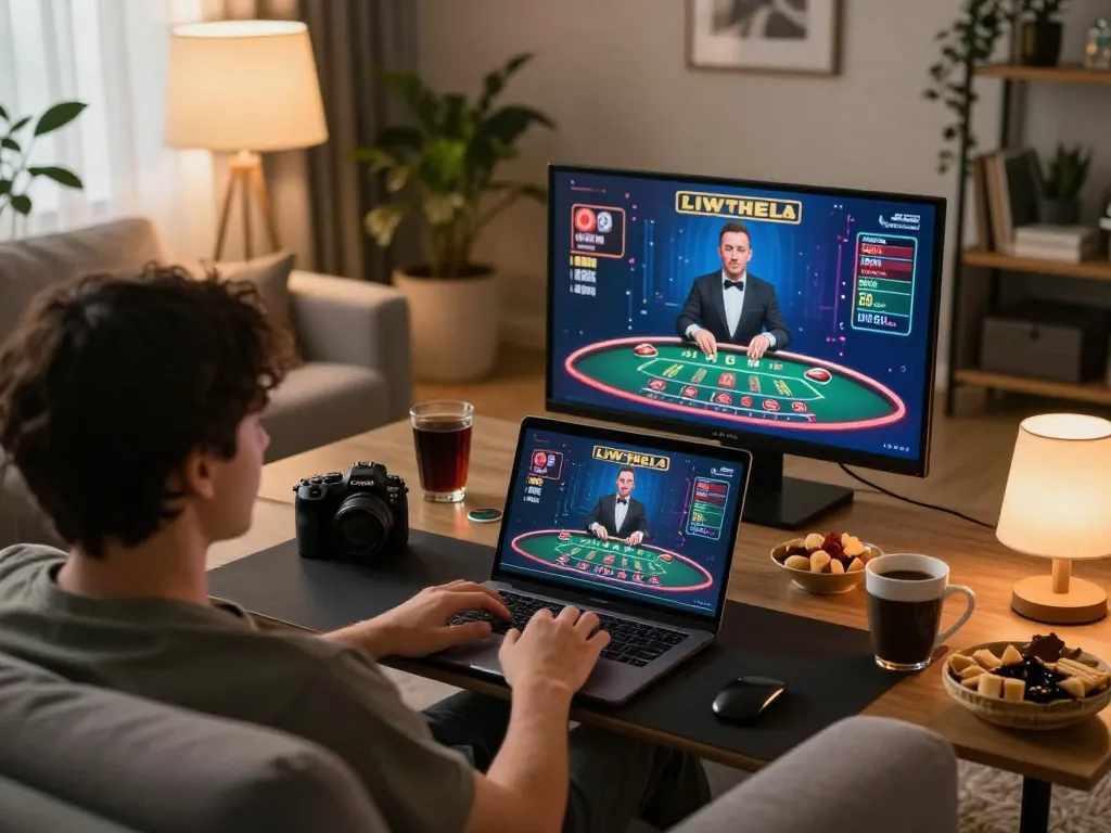 Engaging in exciting online gaming with hm88 on a laptop at home, showcasing personal casino experience.