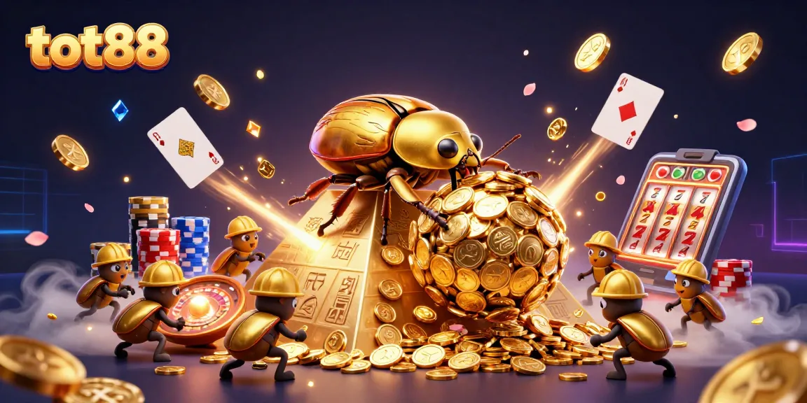 tot88 showcases a vibrant 3D casino scene with golden coins, beetles, and roulette.