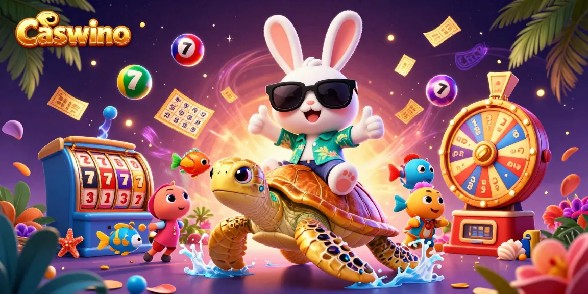 Engage with Caswino's vibrant casino experience featuring colorful slot reels, jackpots, and lively characters.
