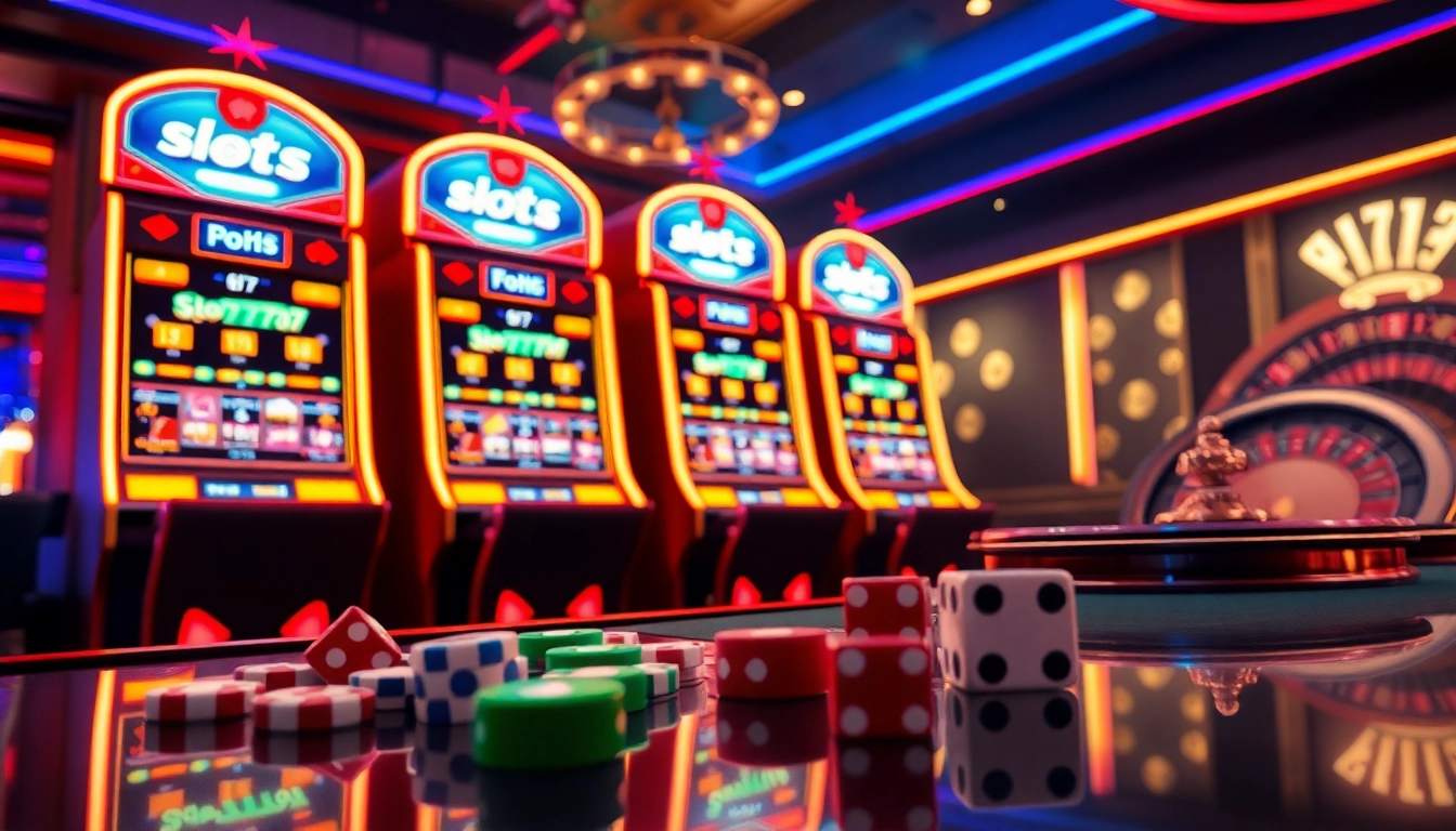 A thrilling casino scene showcasing slots777 slot machines with vibrant neon lights and poker chips.