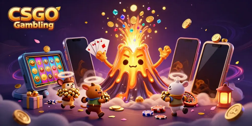 CSGO Gambling illustration with a triumphant volcano, treasure animals, and casino elements.