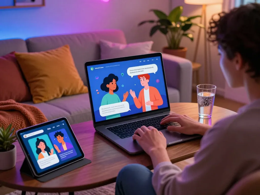 Engaging with nsfw ai characters on a laptop in a relaxed setting.