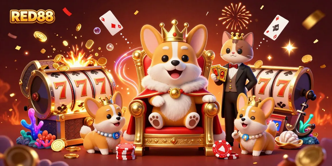Experience the charm of RED88 Casino with a royal corgi in a vibrant and dynamic gambling scene.