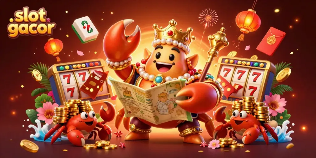 Experience the thrill of slot gacor with a majestic golden crab and dynamic elements in a vibrant 3D casino scene.