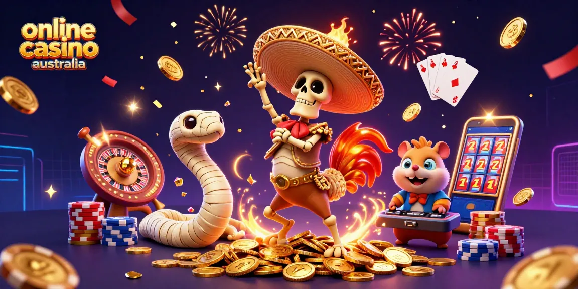 Celebrate at online casino australia with a vibrant scene full of animated characters, coins, and gaming excitement.