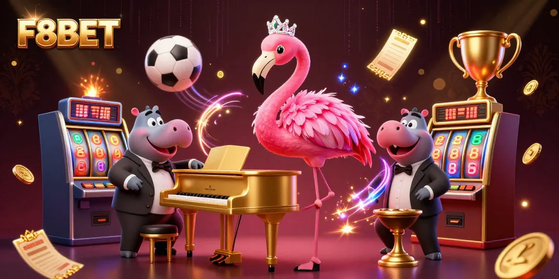 Experience the thrill of betting at F8BET with a vibrant 3D casino scene featuring musical elements and game excitement.