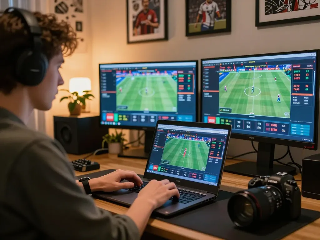 Engaged user placing bets on n188 com using multiple screens in an inviting home office