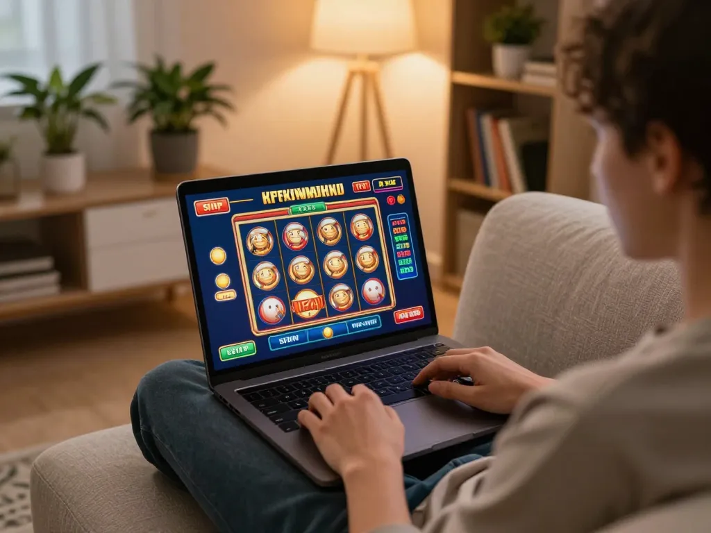 Player enjoys thrilling zx88 slot game on laptop at home, showcasing a cozy gaming environment.