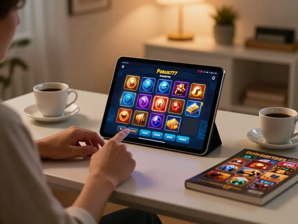 Engaging with the Fokus777 casino app on a tablet at a stylish home desk.