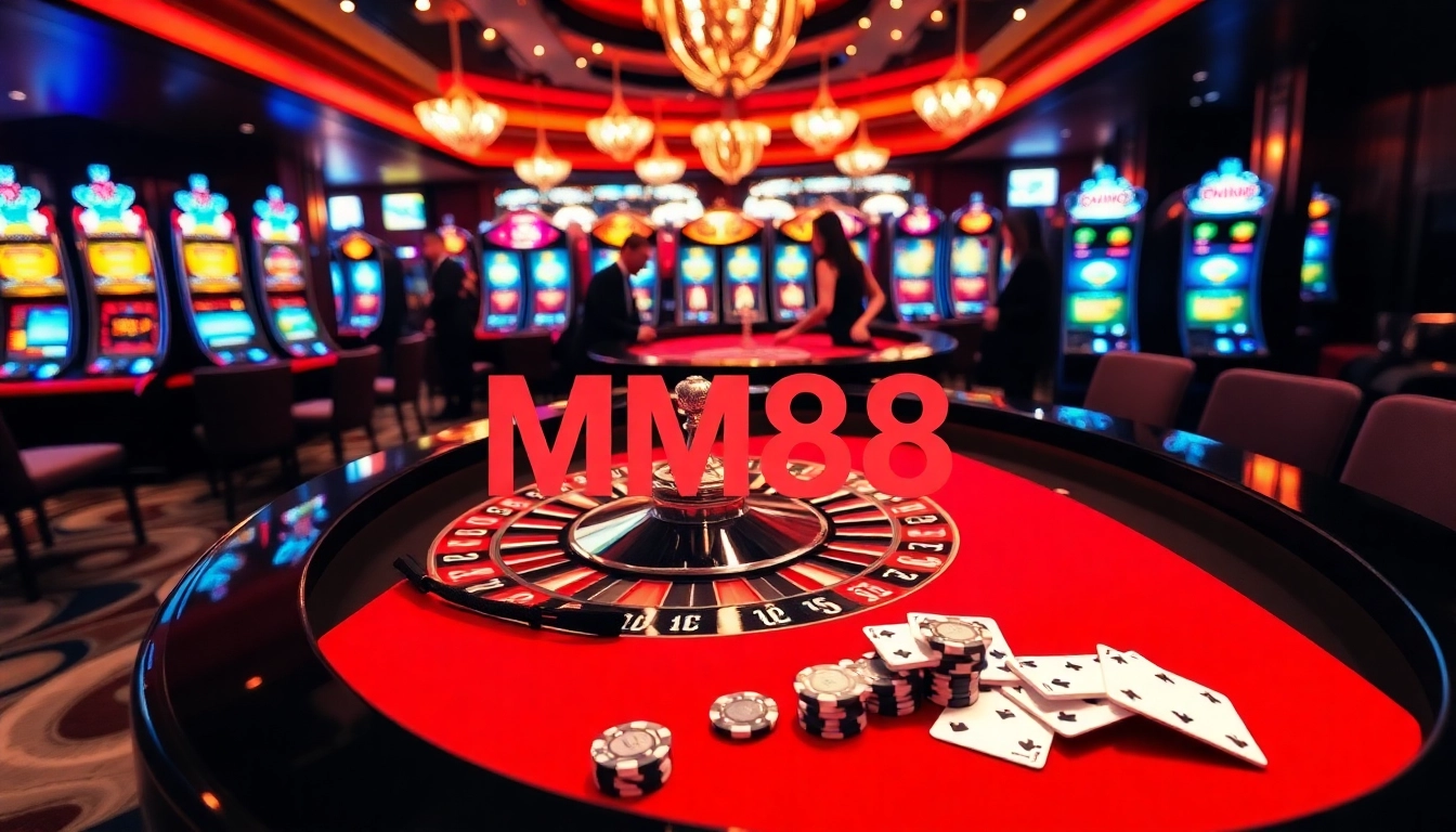 Players celebrating wins at MM88’s glamorous gambling table filled with chips and cards.