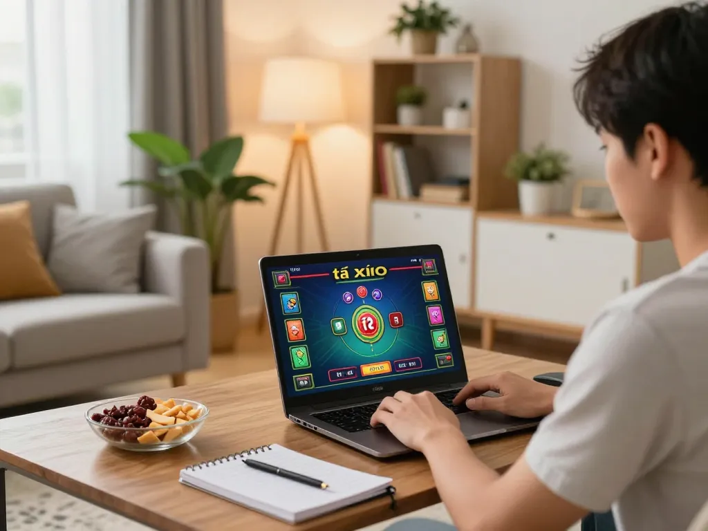 Engaging in tài xỉu online, a player strategizes at home with a laptop and snacks.