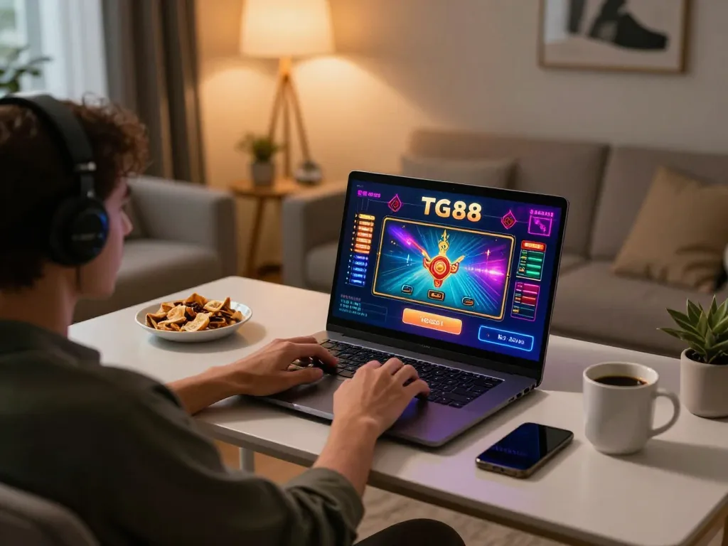 Engaging in online casino gaming with TG88 on a laptop in a cozy setting.
