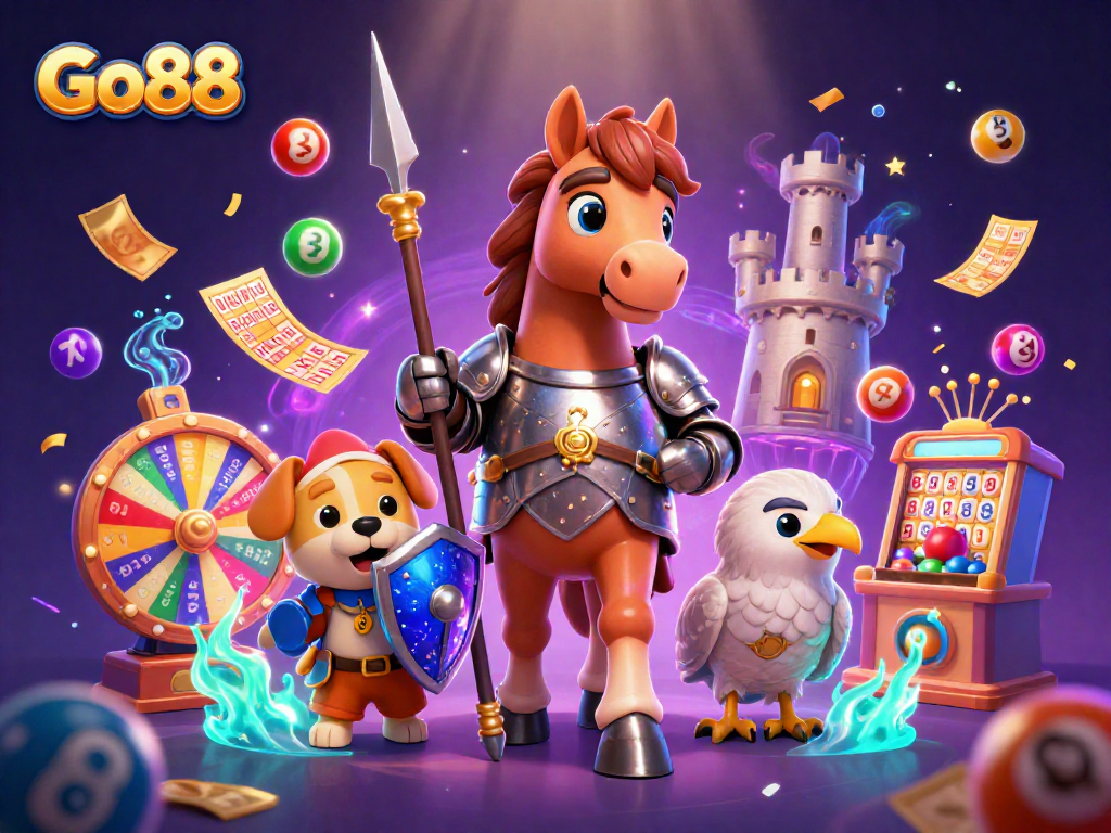 Win at Go88 with engaging lottery elements in a vibrant 3D casino scene.