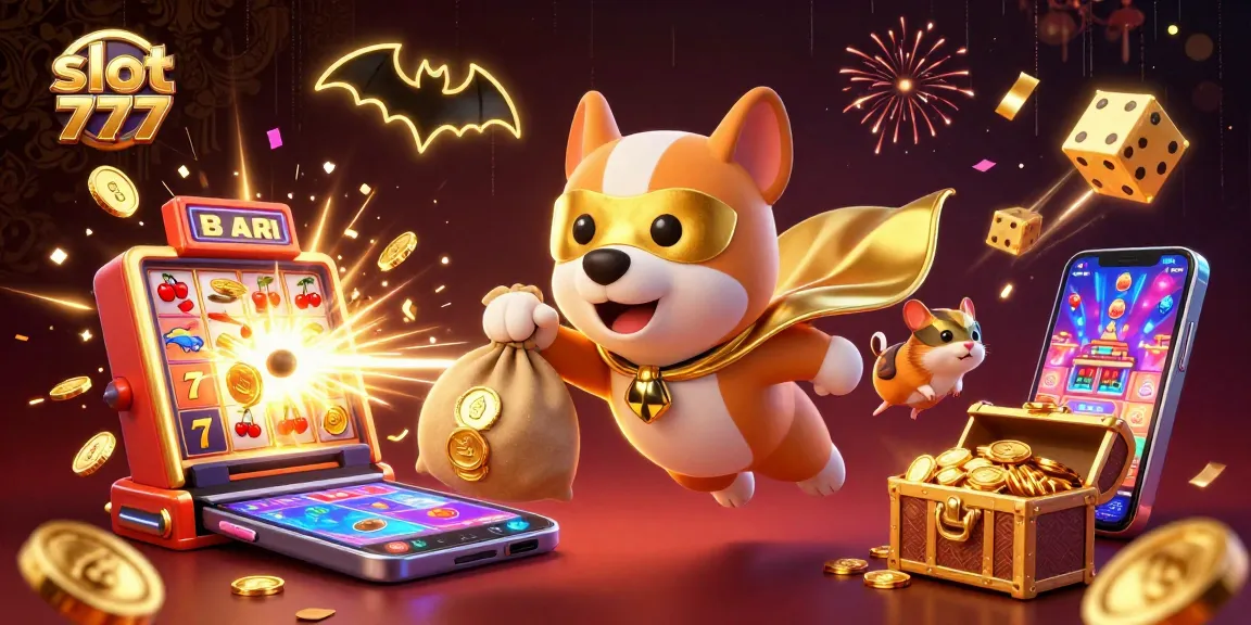 Permainan slot 777 menghadirkan momen jackpot yang berkilauan dengan karakter kartun superhero dan elemen kasino.