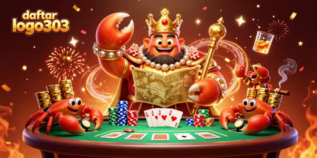 Daftar logo303, ilustrasi kasino dengan ketam emas megah dan elemen permainan poker berwarna-warni.