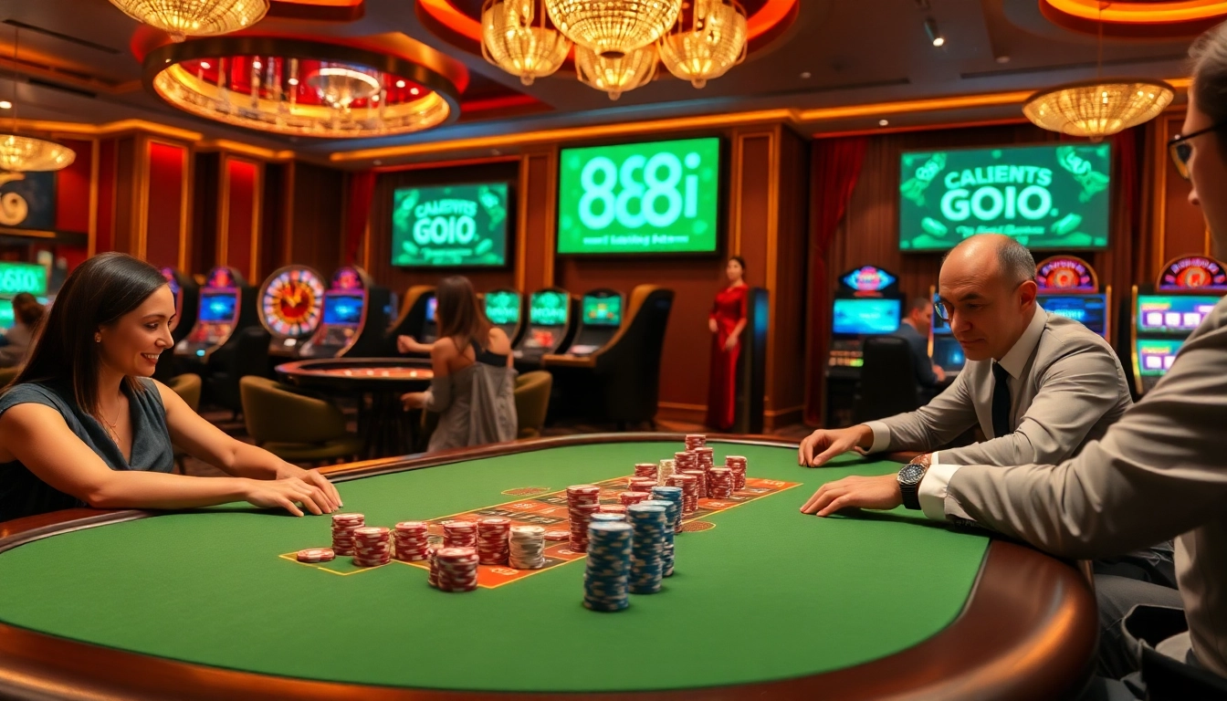 Exciting poker action at 88i casino table with colorful chips and roulette in the background.