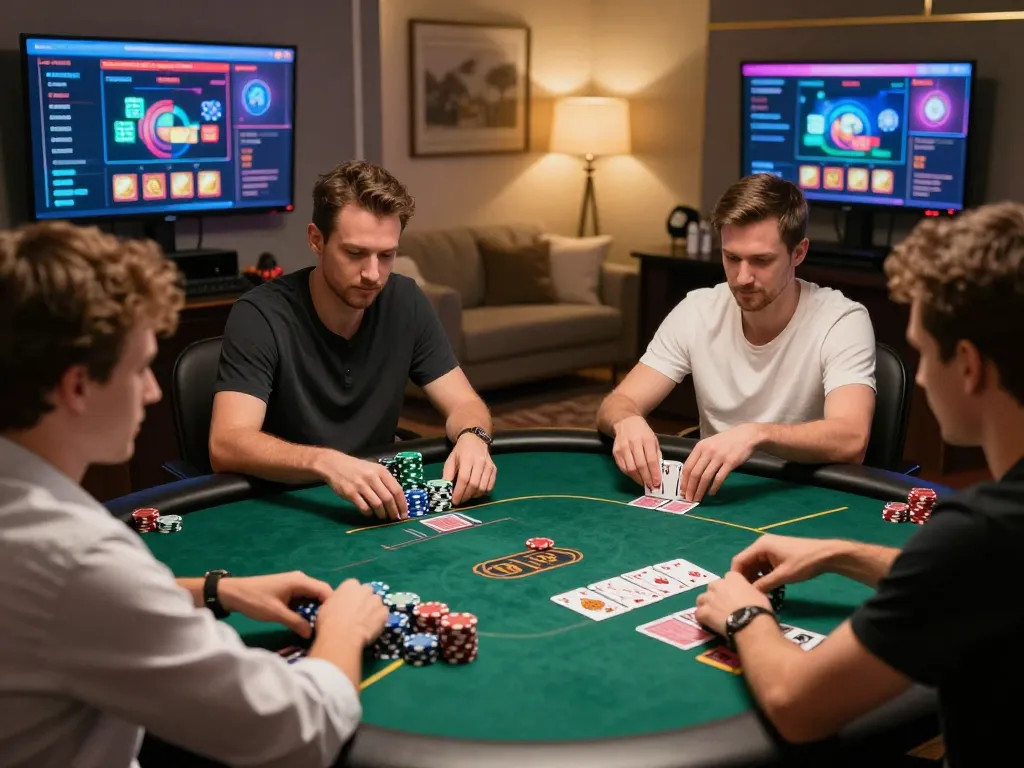 Engaged players strategizing in an online poker game on VIN777, chips and cards in action.