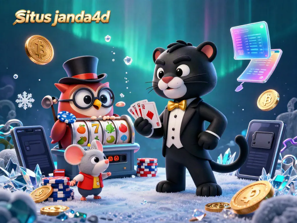 Situs janda4d menampilkan panther yang elegan menangani kartu poker, dikelilingi simbol slot dan crypto.