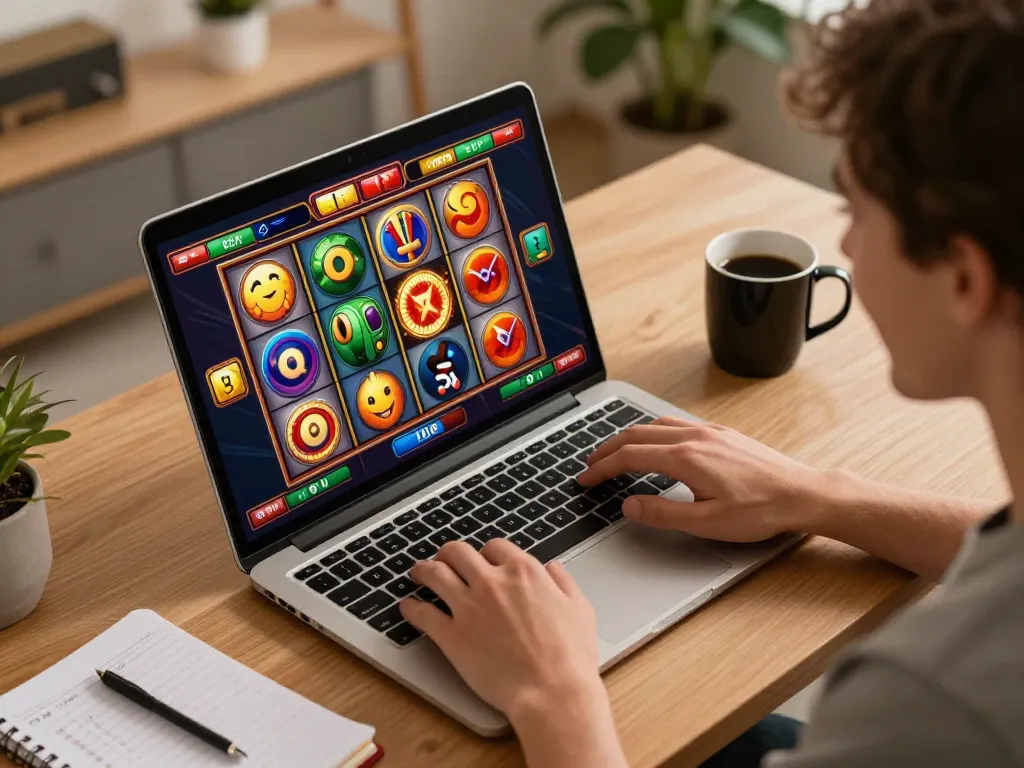 Playing slot 4d on a laptop at home, joyful gamer enjoying vibrant slots.