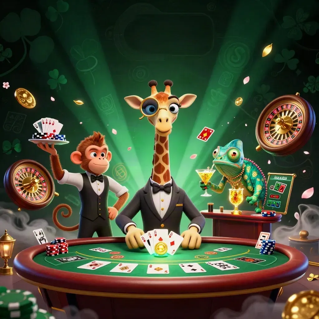 A giraffe, monkey, and chameleon amid roulette, poker chips, gold light, and emerald casino glow.