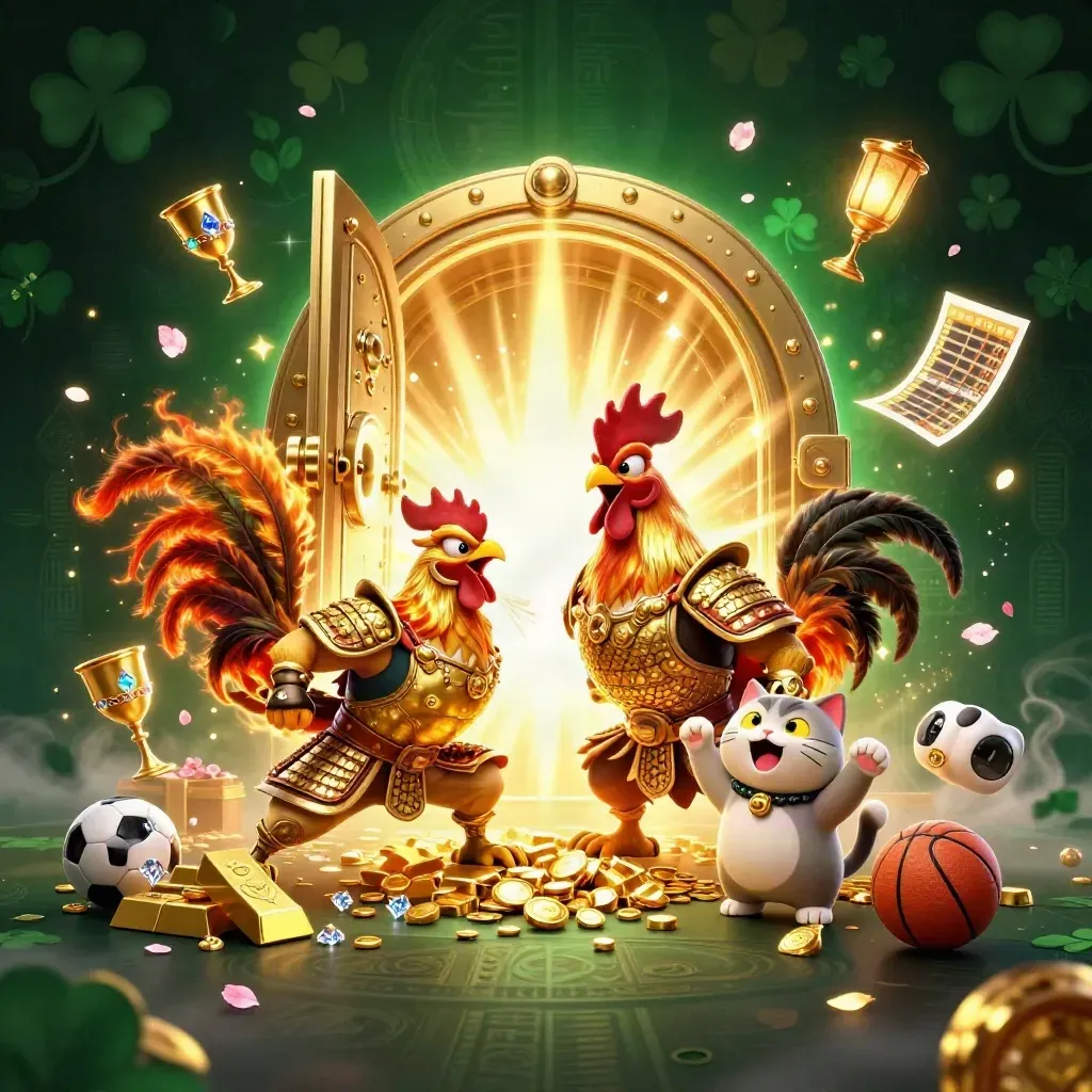Rooster samurai, dragon hatchling, and fortune cat amid gold vault, balls, and casino glow.