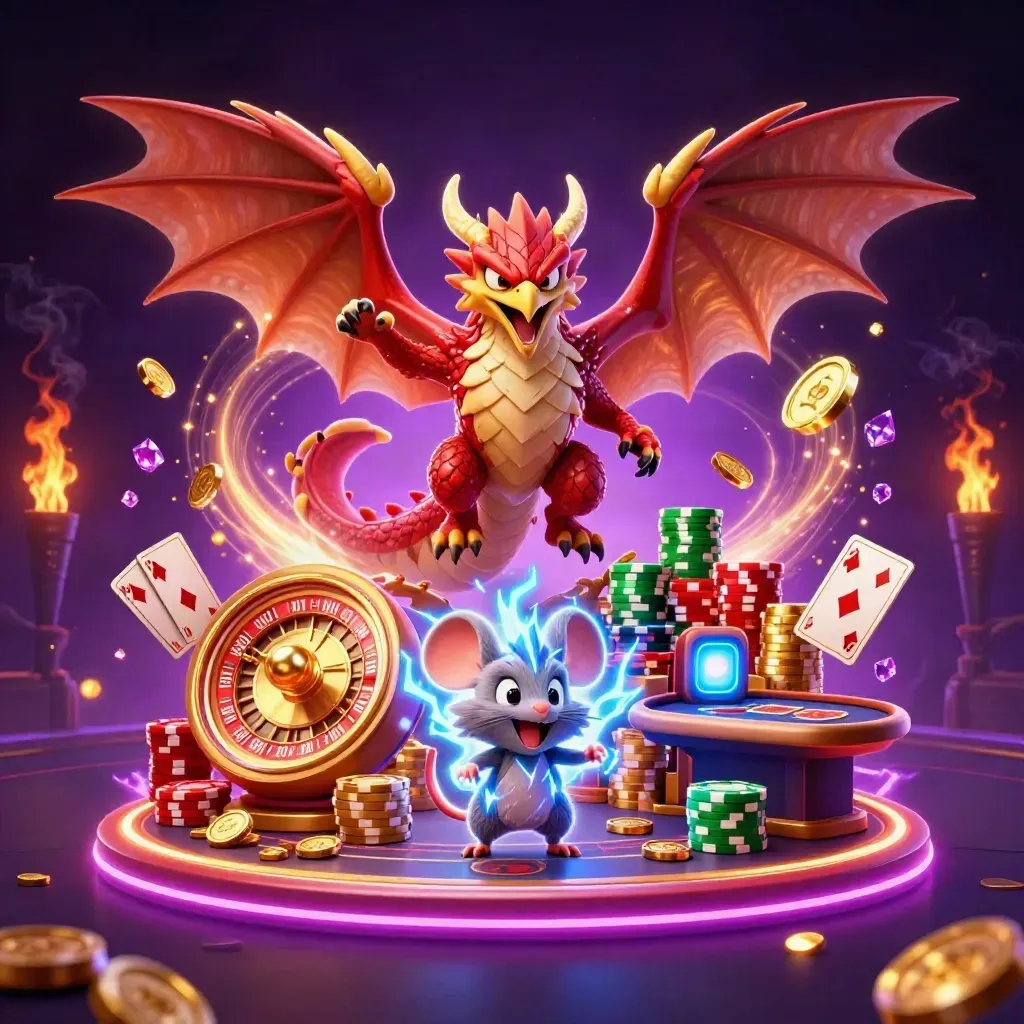 Thunder dragon, wind hawk, and static mouse amid roulette gold, neon coins, and casino glow.
