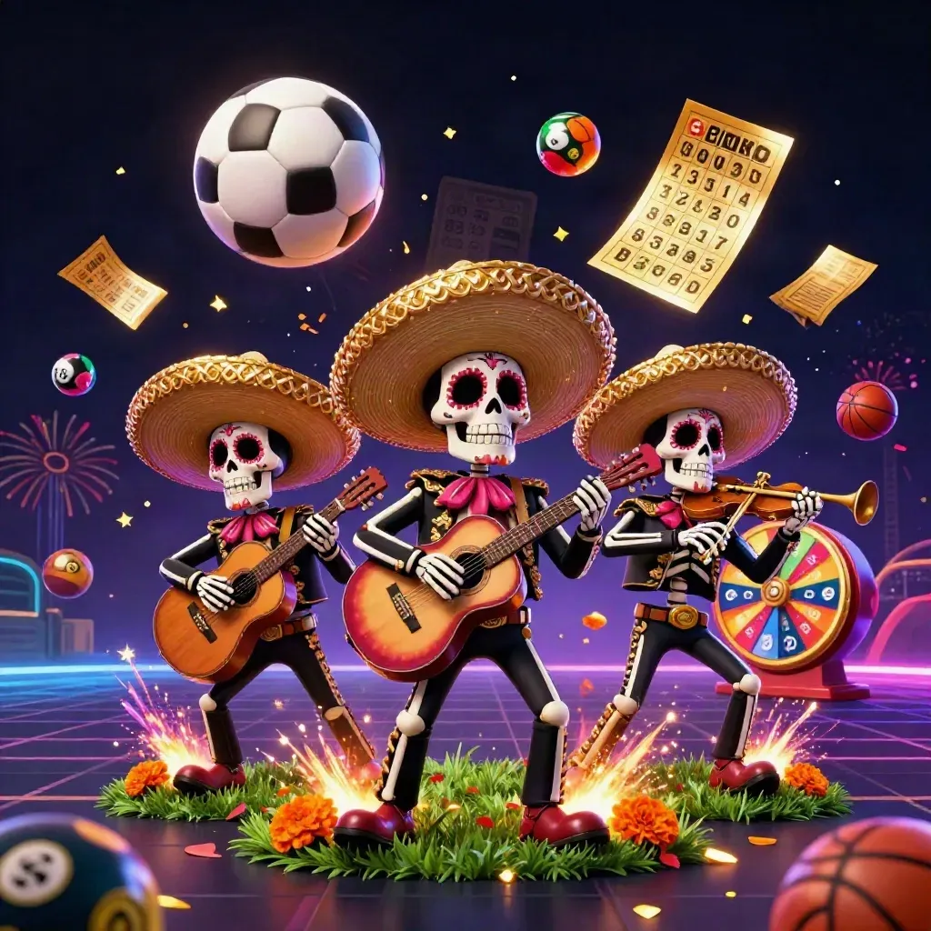 Skeleton mariachi trio with soccer ball burst, casino tokens, neon grid, and fireworks