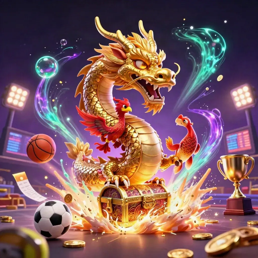 Golden dragon, phoenix, koi and flying sports gear in neon casino energy.