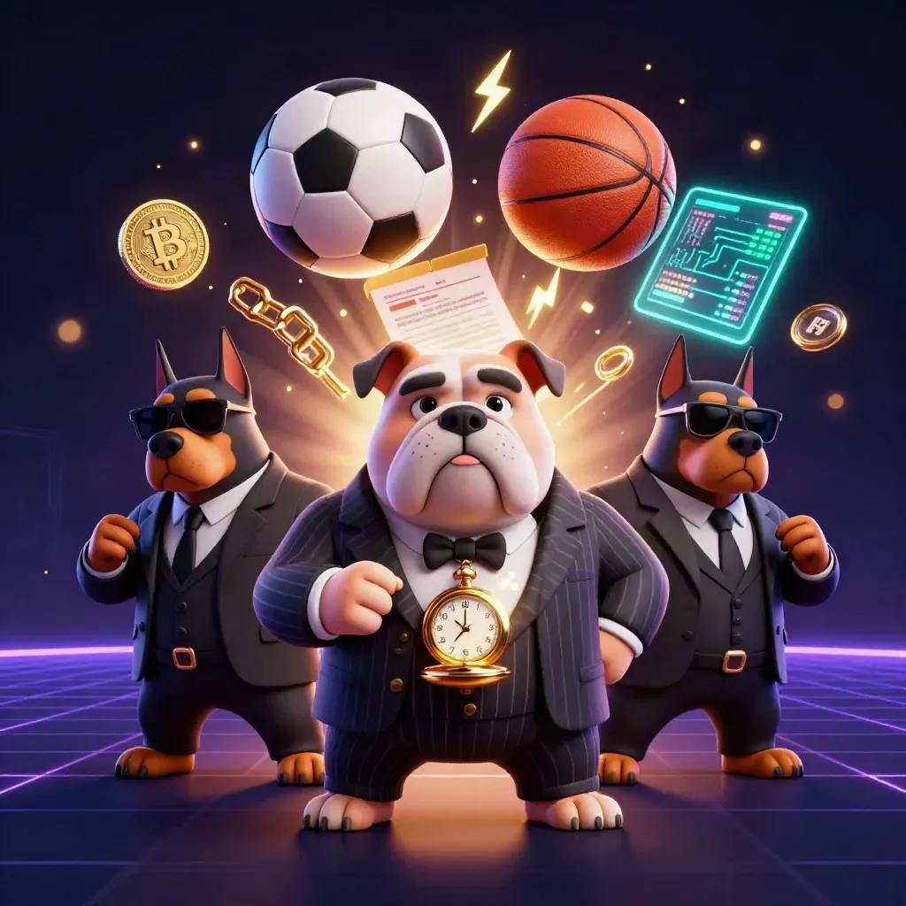 Cartoon bulldog mob boss with Doberman guards amid neon coins, sports balls, and casino glow.