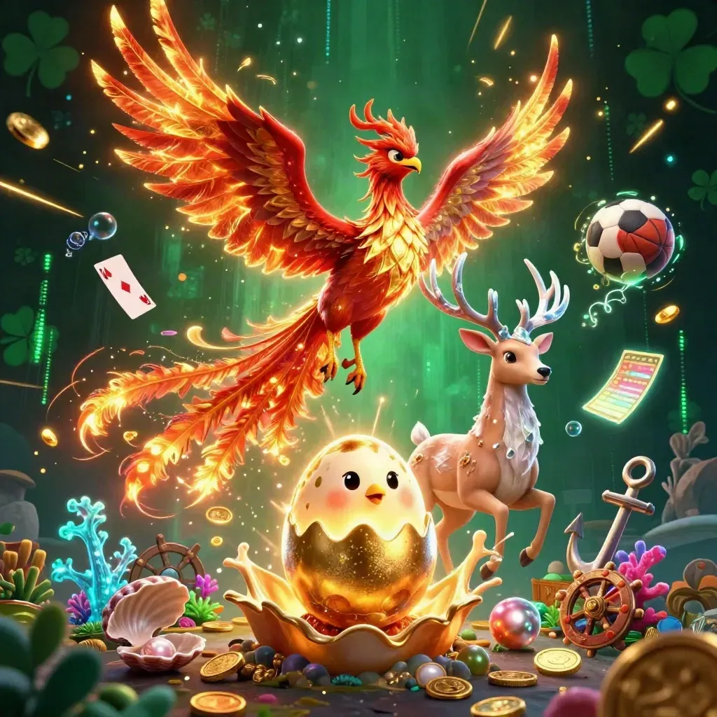 Phoenix, stag, and hatchling amid gold coins, sports balls, and neon casino effects.