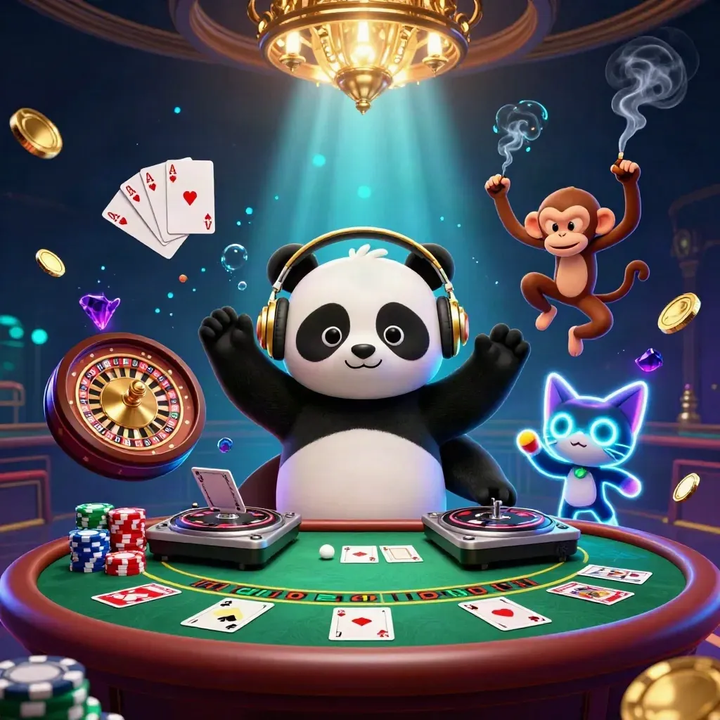 DJ panda, dancing monkey and glow-stick kitten amid neon casino roulette glamour