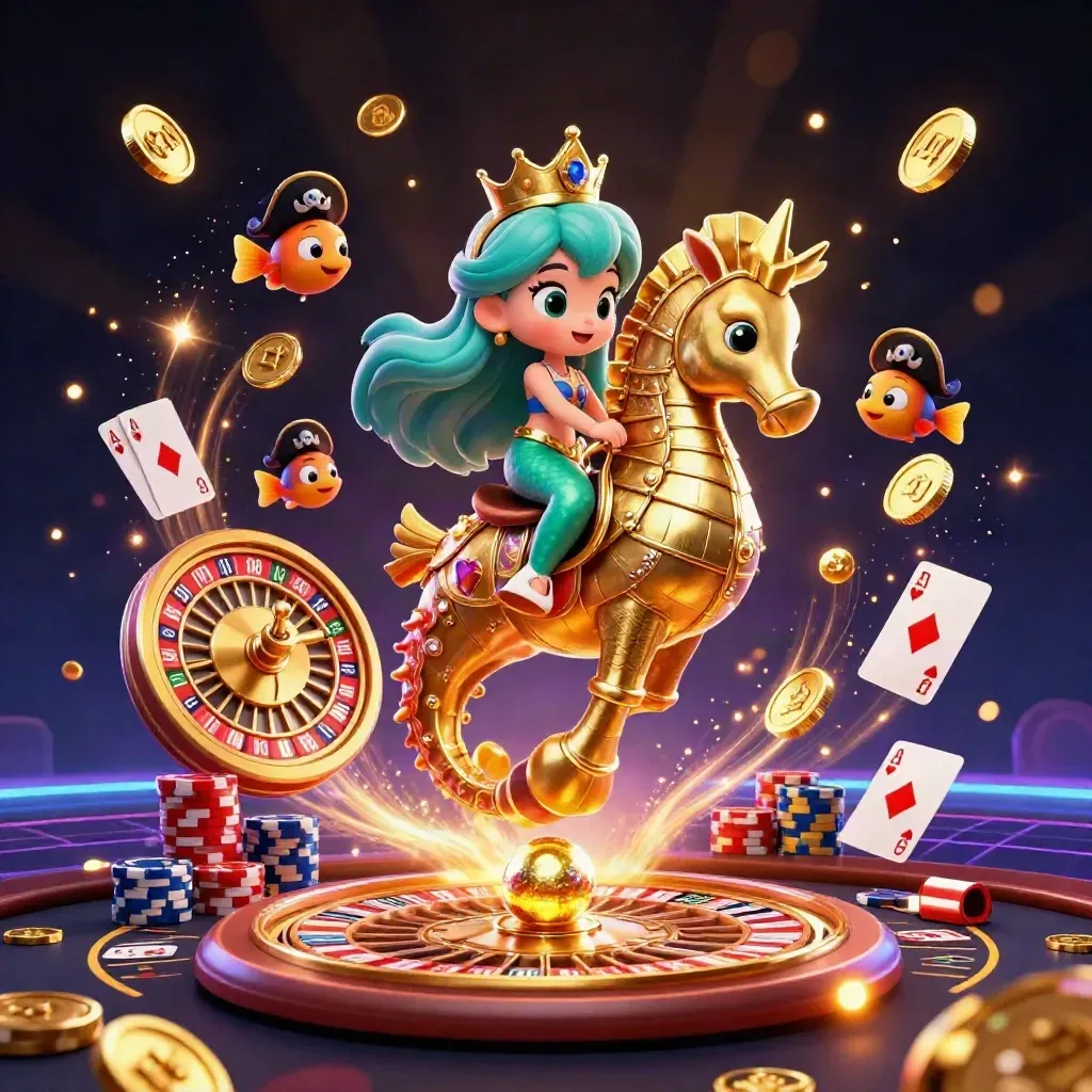 Mermaid princess on armored seahorse with pirate fish amid casino glow, coins, chips, cards, and roulette.