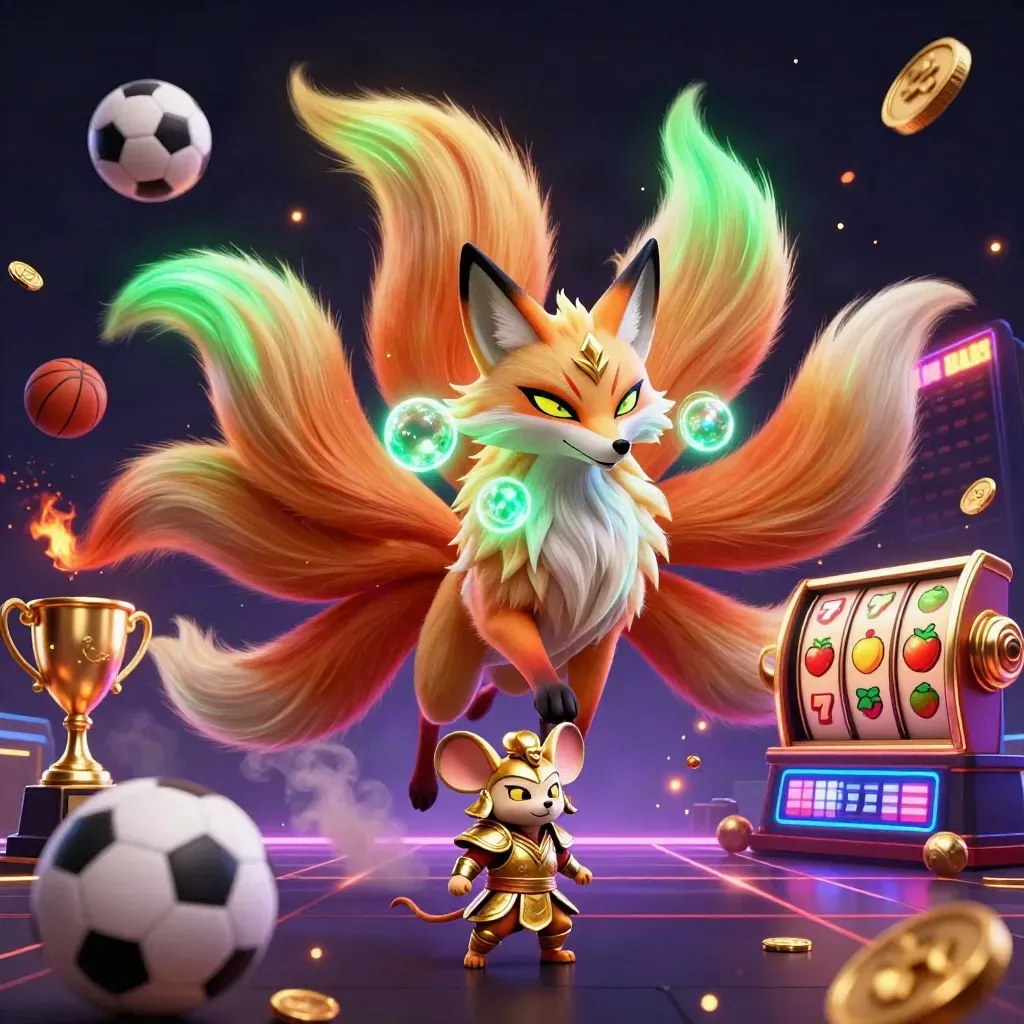 Nine-tailed fox spirit and armored mouse amid casino game bursts, coins, trophies, and neon glow