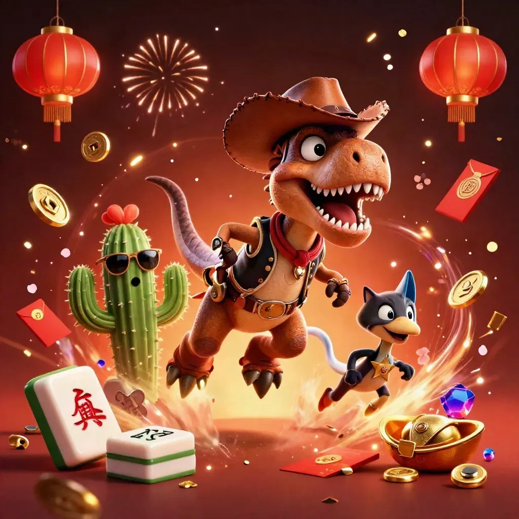 Cowboy T-Rex, sunglasses cactus, and badge-wearing roadrunner amid casino treasure and neon sparks.