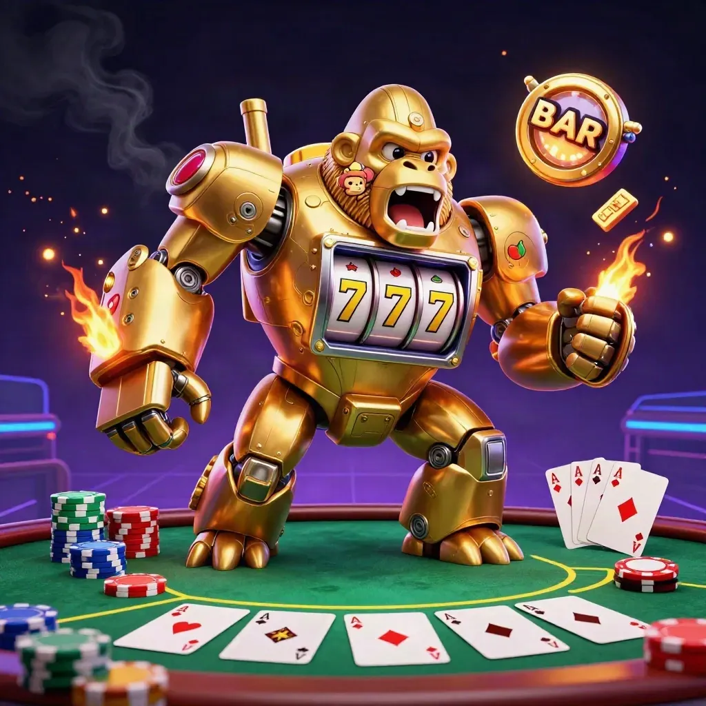 Golden gorilla mech with monkey pilot amid casino chips, aces, reels, poker table and neon glow