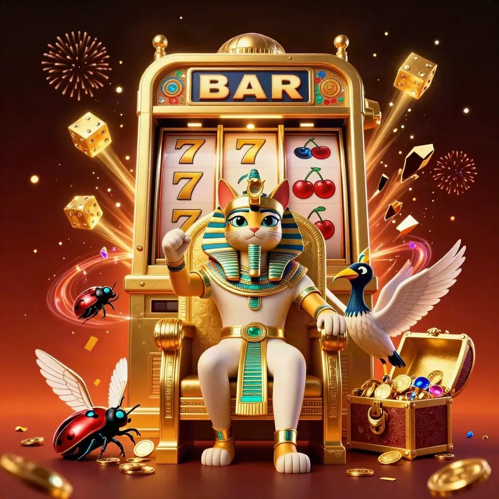 Pharaoh cat, ibis scribe and gem-winged scarabs amid bursting jackpot loot in fiery neon glow