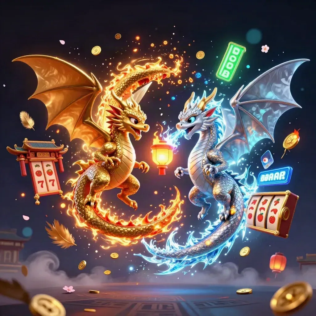 Gold and silver dragons spiral with fire and ice over a neon casino temple backdrop.