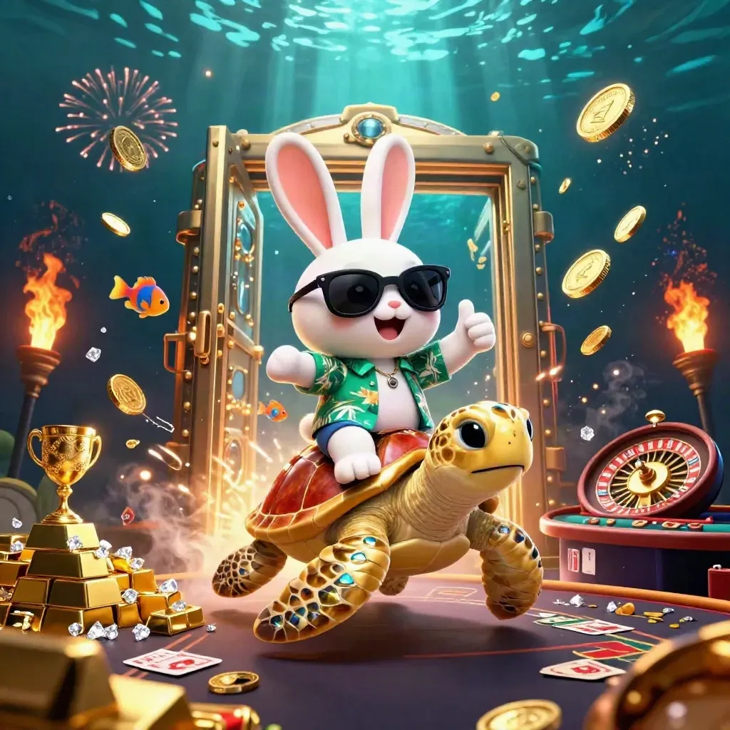 Lucky rabbit on a gold sea turtle bursts from a vault amid coins, gems, roulette, and neon glow.